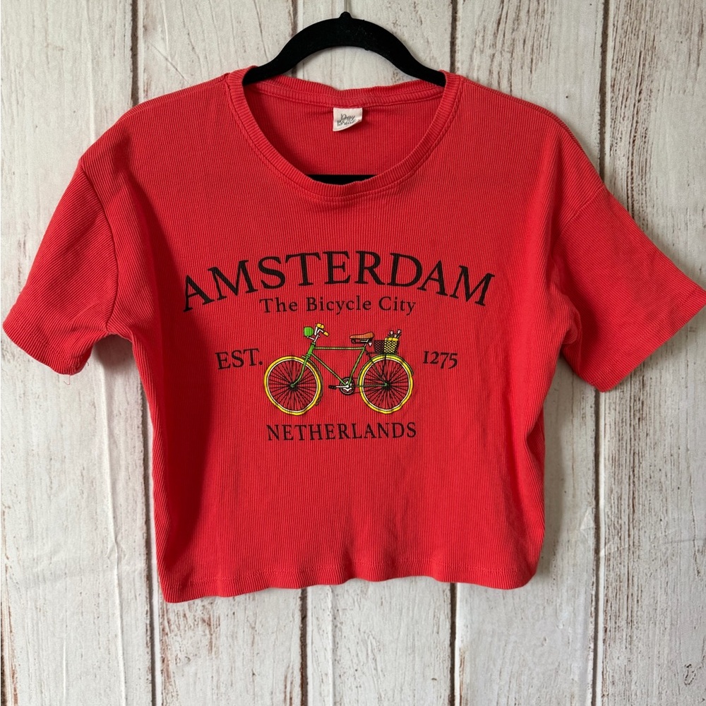 Day Break Amsterdam The Bicycle City Ribbed Crop Graphic T-Shirt M 100% Cotton